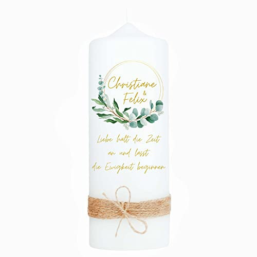 Hochzeitskerze | Eukalyptus Vintage | 15-30 cm Höhe | Trauung | Personalisierte Kerze | Hochzeitsgeschenk personalisiert | Traukerze (25 cm, Weißer Kerzenfuß mit naturfarbenem Strick ummantelt)