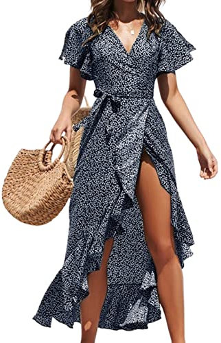 CUPSHE Damen Sommerkleid V Ausschnitt Kurzarm High Low Wickelkleid Rüschensaum Blumenmuster Lange Freizeitkleider Strand Maxi Dress Schwarz S