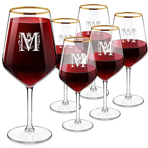 Maverton Set de 6 Verres à Vin avec bord doré pour l’homme - Verre de 530ml pour lui - Verre Personnalisé à Vin - Pour amateur de spiriteux - Verres à Pied pour anniversaire - Initiale
