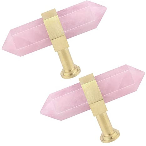 KYEYGWO 2 Stück Rosenquarz Heilstein Punkt Möbelknöpfe mit Schrauben, Messing Schubladenknöpfe Kristall Sechseckiger Schrankknöpfe Haus Decor Kommodenknöpfe Hexagonal Garderobe Ziehgriff