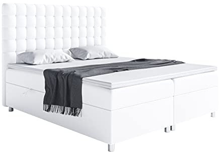 MEBLINI Boxspringbett mit Bettkasten - Gepolstert Doppelbett mit Matratze und Topper - Polsterbett mit Stauraum - Bett mit Kopfteil - Stauraumbett - Aston - 160x200 - H3/Weiß Kunstleder