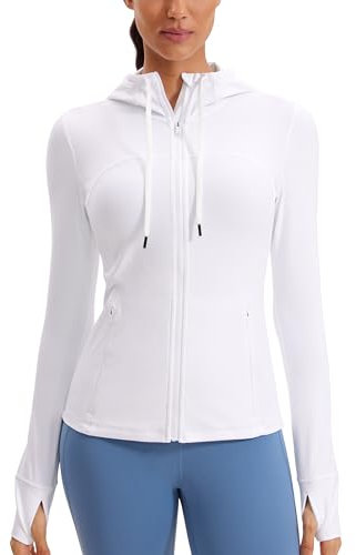 CRZ YOGA Damen Butterluxe Voll Reißverschluss Running Jacke Zip Tasche Sport Gym Hoodie Mesh Hoody Sweatjacke mit Daumenloch Weiss 40