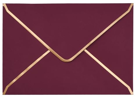 50 PCS Invitation Envelopes A7 Size, Burgundy 5 x 7 Inch V-Flap Mailing Card Envelopes Quick Seal with Gold Border for 5x7 Cards, Birthday, Weddings, Graduations, Greeting Cards