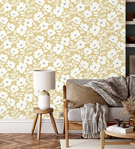 GAULAN 680944 Papier peint vinyle écologique fleurs blanches et jaune moutarde pour mur salon cuisine bain chambre couloir salle à mange tête de lit - Rouleaux de 10 m x 0,53 m