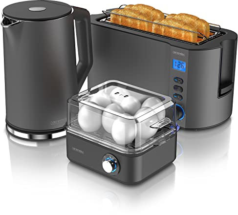 Arendo - Wasserkocher mit Toaster SET und Eierkocher, Edelstahl Cool Grey Wasserkocher 1,5L 40° - 100°C Toaster 4 Scheiben LED-Display 6 Bräunungsgrade Eierkocher 1-8 Eier Messbecher