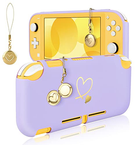DLseego Custodia protettiva per Switch Lite, morbida custodia a forma di cuore dorata, antiurto, antigraffio, con 1 ciondolo in ottone lampeggiante, per palmare-viola