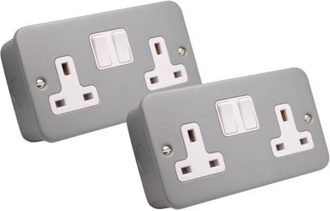 SHPELEC® 13A Premium Switched Metal Clad Double Sockets 2 Gang BS Standard - Available in 1, 2, and 3 Pack Variations (2)
