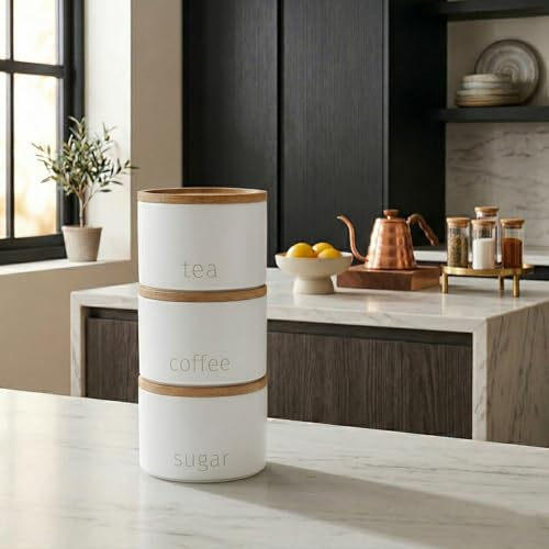Biznest Stackable Tea Coffee Sugar Storage Jars 3Pk Round Food Canisters Ceramic Great Storing Beans Matte Finish And Wooden Airtight Lids Storage Jars (White 175)