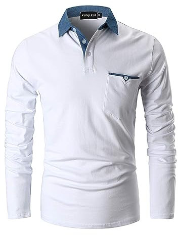 KUNJLELP Poloshirt Herren Langarm, T Shirts Männer, Hemd Herren Denim-Splice T-Shirt Golf Polo Shirt,Weiß,L
