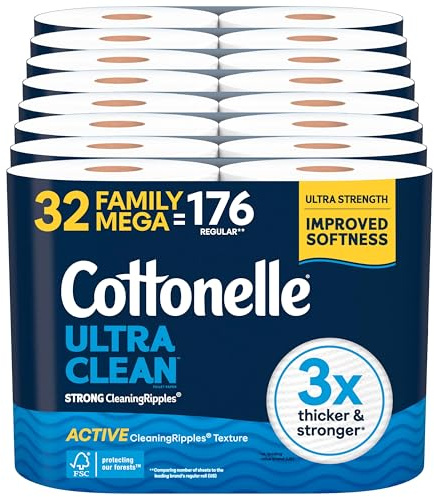 Cottonelle Ultra Clean Toilettenpapier mit Active CleaningRipples Textur, 32 Familien-Megarollenrollen (32 Familien-Megarollen=176 normale Rollen) (8 Packungen mit 4 Stück), 353 Blatt pro Rolle,
