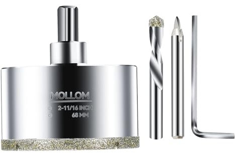 MOLLOM (68mm | 2-11/16) Scie Cloche Diamantée avec 2 Mèches Pilotes Amovibles pour une Coupe Lisse sur les Carreaux en Porcelaine, Verre, Céramique, Marbre, Fibre de Verre, etc