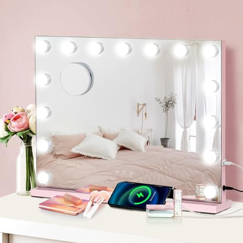 YU YUSING Miroir Maquillage Hollywood Lumineux LED 58X45cm, 15 Lumières Dimmables, Miroir Coiffeuse 3 Réglable Déclairage Modes, Contrôle Tactile, Grossissant 10x, Montage Mural Rose