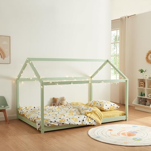 [en.casa] Lit Cabane pour Enfant avec Sommier à Lattes Lit en Forme de Maison sans Matelas Capacité de Charge 140 kg Bois de Pin Contreplaqué 120 x 200 cm Vert Menthe