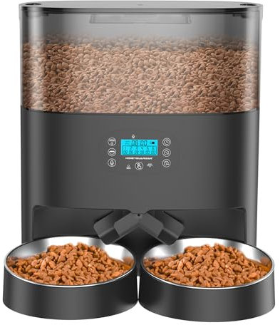 HoneyGuaridan Distributeur automatique de nourriture pour chat - 2 gamelles - 6 l - Avec minuterie, séparateur et 2 bols en acier inoxydable - 1 à 6 repas par jour et 10 secondes de message vocal -
