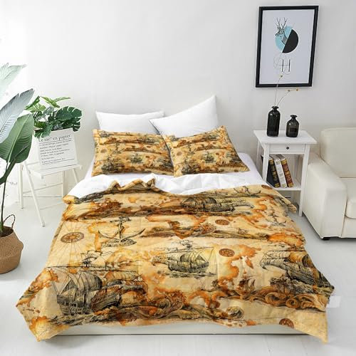 ANHOPE Nautische Segelboot Anker Drachen Bettwäsche Set 3 Teilig Bettbezug 155x220 cm & 2 Kissenbezug 80x80 cm Microfaser Bettbezüge mit Reißverschluss Weich Ganzjahres Bettdeckenbezug Set