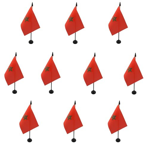 AZ FLAG - Lot de 10 Drapeau De Table Maroc - 15x10 cm - 10 Mini Drapeaux Marocain De Bureau 100% Polyester Avec Hampe De 25cm Et Socle En Plastique Noir