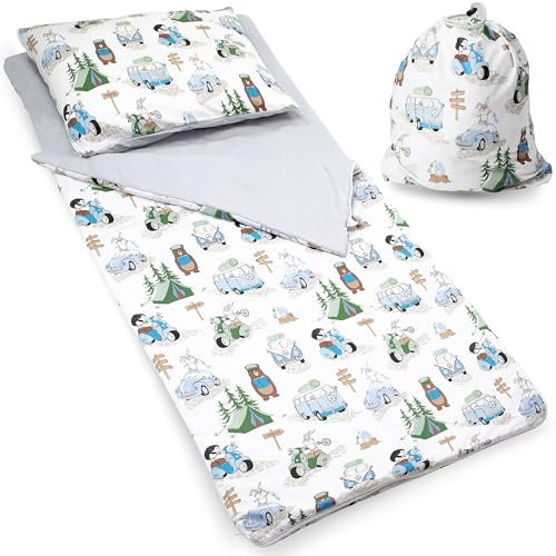 PinkZebra Schlafsack Kinder 140 x 75 cm + Kissenbezug 60 x 40 cm & Beutel, Indoor für Kindertagesstätte Kindergarten Deckenschlafsack, 3-8 Jahre (bis 135 cm Kindergröße), Öko-Tex, Kamping
