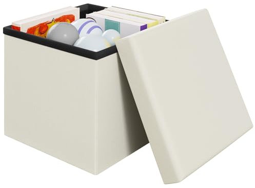 Klihome Sitzhocker mit Stauraum, Kleine Faltbare Sitztruhe, Sitzwürfel aus Leinen, 30x30x30 cm, Aufbewahrungsbox mit abnehmbarem Deckel, gepolsterter Hocker als Fußablage, Creme
