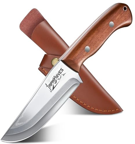 Japaknives Jagdmesser Feststehende Klinge Survival Messer mit Lederscheide Bushcraft Messer Rosenholzgriff Outdoor Messer Jagd Geschenk für Männer