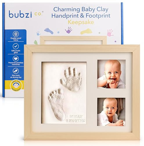 Bubzi Co Handabdruck Fußabdruck Baby Fotorahmen Set für Neugeborene Mädchen Jungen, Gerahmte Bilder Baby Geschenk, Fotoalbum Baby, Andenkenbox, Wanddekoration für Zimmer Kinderzimmer (Natural Wood)