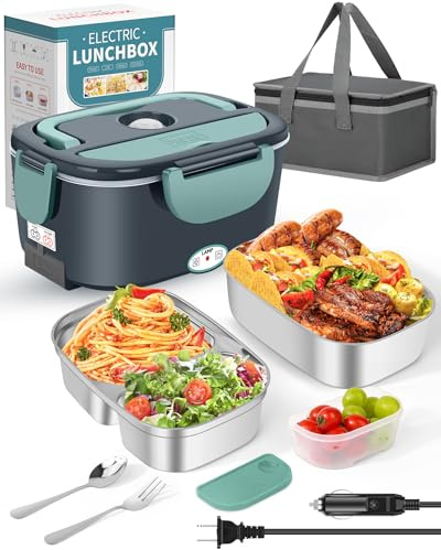 Eocolz Electric Lunch Box Food Heater 100W, Food Warmer with Dual Container 1.5L Portable Heated Lunch Box for Car Truck Work Stainless Steel Fork & Spoon 12/24/110V for Adults (Gray)