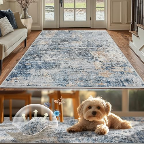 TOPICK Teppich Wohnzimmer Waschbar Dünner Teppich Abstrakte Antibakterieller Faltbar Weich rutschfest Schlafzimmer Kinderzimmer Flur Badezimmer 120x180cm Blau