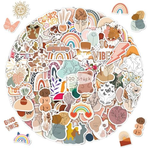 100 Stück Boho-Aufkleber, DIY Vintage Aesthetic wasserfeste Vinyl-Aufkleber Set für Wasserflaschen, Laptop, Gepäck, Telefon, Skateboard Scrapbook Aufkleber