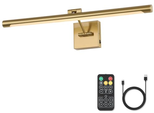 Joosenhouse Battery Operated Picture Lights for Wall Rechargeable Art Lighting for Paintings Wireless Gallery Lights with Remote Control and Dimmable Timed Off Brass Wall Lights 24.4 inch