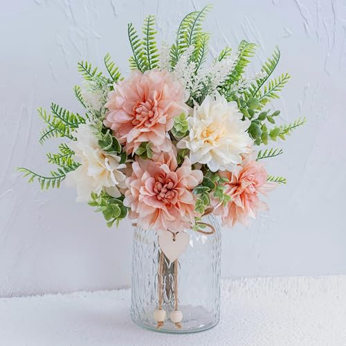 Fake Flowers with Vase,Pink Dahlias,Silk Artificial Flowers in Pot,Faux Flowers in Vase with a Flower Arrangement Holder, Spring Decor Centerpiece Table Decorations