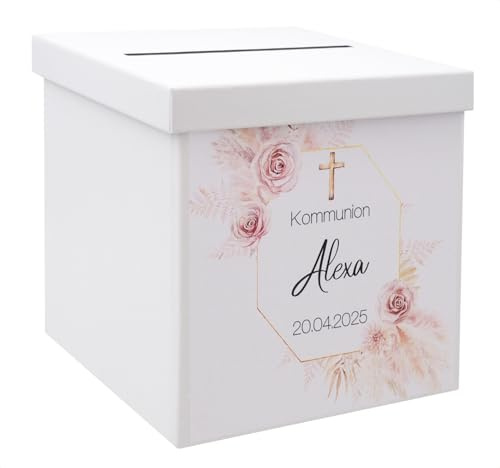 ZauberDeko Briefbox Blumenmuster Rosa Gold Kreuz Kommunion Konfirmation Taufe Personalisiert Kartenbox