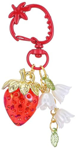 Telooco Erdbeer Schlüsselanhänger Damen Rot Kawaii Aesthetic Schlüsselanhänger 3D Erdbeere Taschenanhänger Niedlich Bag Charm Süße Blumen Geldbörsen Taschen Anhänger für Damen Frauen (Rot)