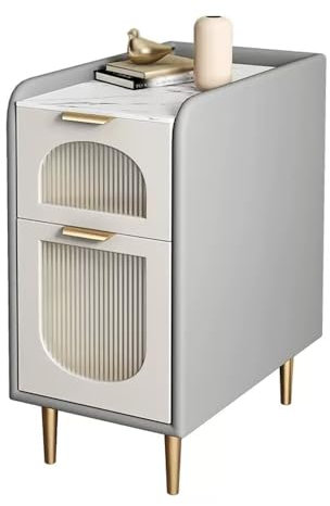 Platzsparender, ultraschmaler Nachttisch im Kunstlederdesign in Grau, kleiner Nachttisch aus Stein for das Schlafzimmer, Sofa-Beistelltisch for das Wohnzimmer mit 2 Schubladen(L35xD40xH60cm)