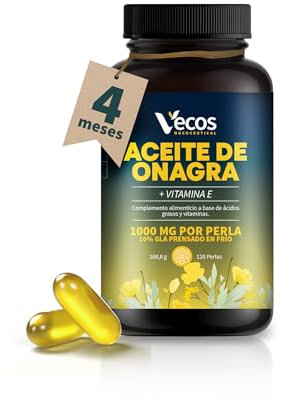 Aceite de Onagra 1000mg con 10% GLA prensado en frio y enriquecido con Vitamina E Natural - Alivia síntomas de la Menopausia - Sin Gluten ni azúcares añadidos