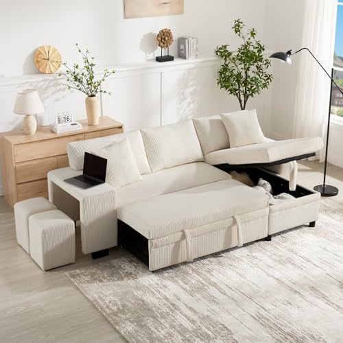 PUGSDRLY Canapé d'angle Convertible 3 Places en L avec Ports USB,Accoudoirs élargis,2 Tabourets,étagère,Canapé Convertible,Canape Lit avec 2 Coussin,pour Bureau,Appartement (Beige)