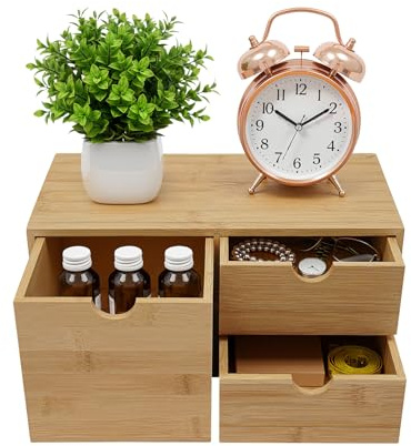 SuhoFutus Organiseur de bureau rétro en bois, 3 tiroirs, boîte de rangement multifonctionnelle, boîte de maquillage pour bureau et salon, couleur bois naturel