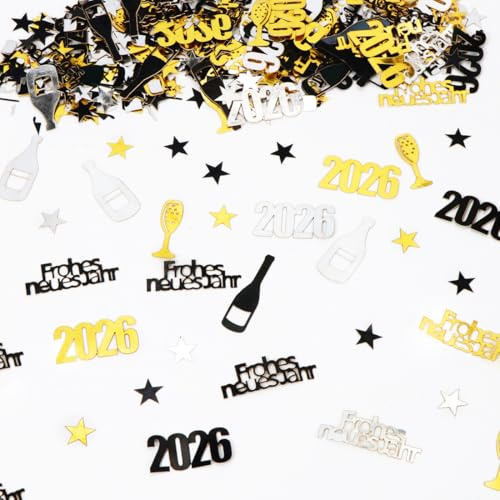 Konfetti Silvester Deko 2026, Streudeko Gold Schwarz, Neujahr Deko 2026 Tisch Konfetti, Glitzer Silvester Tischdeko für Silvesterparty, Frohes neues Jahr Partydeko (100 Stück aus Papier)