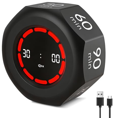 GOMETY Cube Visueller Timer, Achteck Drehbarer Pomodoro Timer, 1/3/5/15/30/60/90 Minuten Countdown/Countup, Stummschaltung Einstellbarer Tonalarm Kurzzeitmesser Zeitmanagement für Kinder Büro