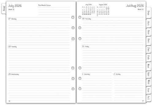 2026 2027 Middle Year Diary Refill A5 Week on 2 Pages, August to July, Weekly & Monthly Planner Inserts with Tabs, Notes, Contact, Timetable, Academic Year Calendar 2026/27, 6 Hole Organiser Refill