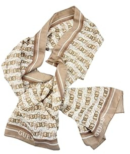 GUESS Damen Schal Polyester Gold Ketten Logo Beige Weiß 60 x 180 cm