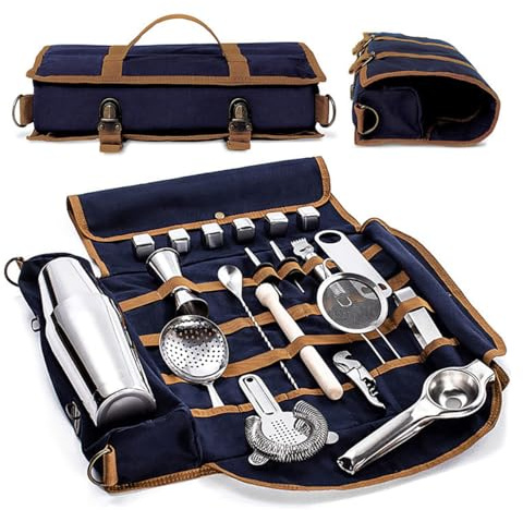 Bibykivn Reise Bartender Tasche Ohne Zubehör für Barkeeper, Partys und Camping - Tragbare Gewachste Canvas-Bar-Kit-Tasche mit Schultergurt, Kein Cocktailwerkzeug Enthalten (Blau)