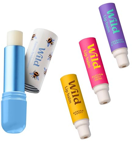 Wild Natürliches Nachfüllbares Lippenbalsam-Starterset – Enthält Bienenprint-Aluminiumetui & 3er-Pack Lippenbalsam-Nachfüllungen in verschiedenen Düften – Passionfruit, Coconut & Vanilla, Manuka Honey