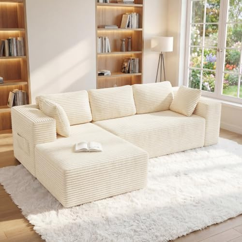 Xbro 3-Sitzer-Sofa in L-Form aus Cordsamt, modernes Sofa für Wohnzimmer mit Kissen und Seitentaschen, Schaumstoff 30D mit hoher Dichte, 250 x 160 x 62 cm, Beige