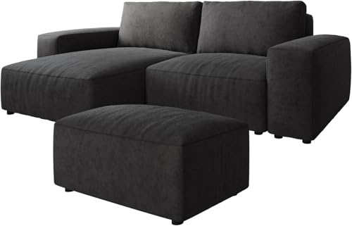 DELIFE Eckcouch Lanzo Mikrofaser Schwarz 230x155 cm Recamiere variabel mit Hocker