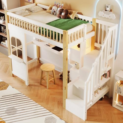 ELVMI Bunk Bed 90 x 200 cm Children's Bed Mattress, Wooden Bed Lights and Desk, Bed Frame, Multi-Layer Storage Compartments and a Ladder Cabinet, White + Natural