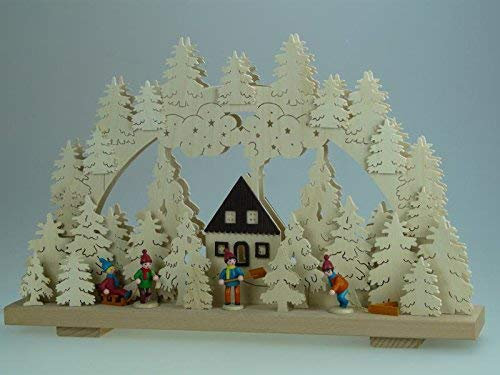 Rudolphs Schatzkiste Schwibbogen mit Winterfiguren und Beleuchtung bunt BxHxT 50x31x10cm NEU Lichterbogen Fensterbogen Spitzbogen Erzgebirge Seiffen Weihnachten Licht Holz Dekoration Beleuchtung