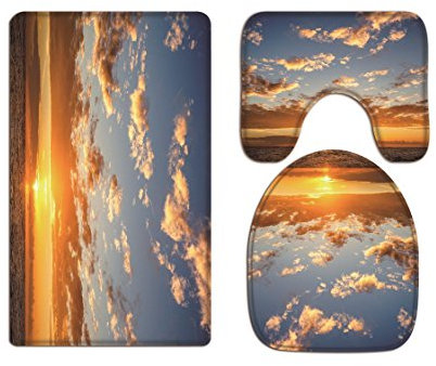 A.Monamour Badezimmer Badematte 3 Teilig Set Sonnenuntergang Zeit Ozean Meer Himmel Wolke Natur Landschaft Weich Kissen Pads Flanell Saugfähig Badteppiche Badvorleger Badgarnitur WC Vorleger