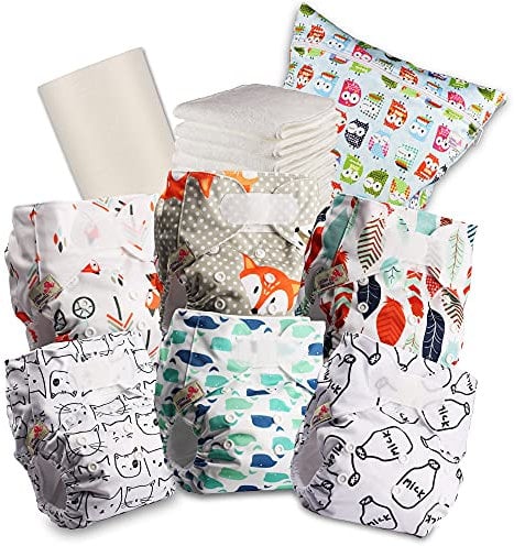 Littles & Bloomz 606VM6 Wiederverwendbare Windel mit Klettverschluss, 6 Windeln + 6 Einlagen, 1 Einweg-Bambuseinlage, 1 Feuchtwindeltasche