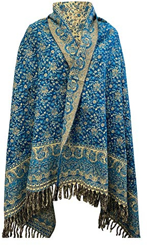 Schal, Wolle, weich, warm, Winterschal, Blumenmuster, handgefertigt, luxuriös, Dekoration, Übergröße, wendbar, Blau / Beige, blau, One size