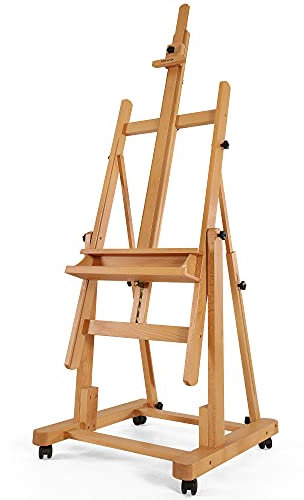 VISWIN Heavy-Duty H Frame Easel, Hold Canvas to 82, Tilts Flat, Adjustable Beech Wood Large Easel for Painting with Storage & 4 Wheels, Professional Floor Art Easel Stand for Adults, Artists - N