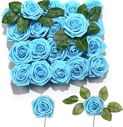 PIQIUQIU 25 Rose Artificiali in gommapiuma, Fiori Artificiali, per Matrimonio, Bouquet da Sposa, Decorazione per la casa 8cm (Cielo Blu)